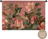 Wandkleed 90x60 cm - Wanddoek Kolibries - Bloemen - Groen - Roze - Wandtapijt - Wandkleden