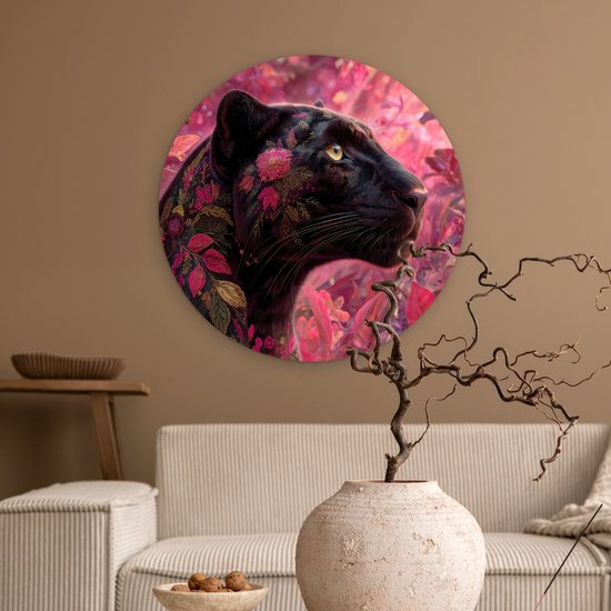 WallCircle® Wandcirkel 60x60 cm - Muurcirkel Luipaard - Bloemen - Roze - Muurdecoratie woonkamer - Wanddecoratie slaapkamer - Kamer decoratie accessoires - Ronde schilderijen