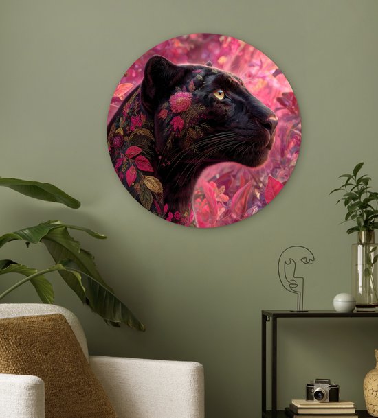 WallCircle® Wandcirkel 60x60 cm - Muurcirkel Luipaard - Bloemen - Roze - Muurdecoratie woonkamer - Wanddecoratie slaapkamer - Kamer decoratie accessoires - Ronde schilderijen