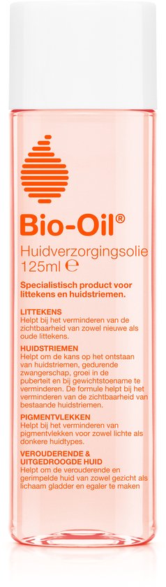 Bio-Oil Huidverzorgingsolie 125ml flesje met oranje label. Helpt bij littekens, huidstriemen, pigmentvlekken en verouderende huid.