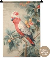 Wandkleed 60x90 cm - Wanddoek Roze kuifkaketoe - Tak met vruchten - Bladeren - Wandtapijt - Wandkleden