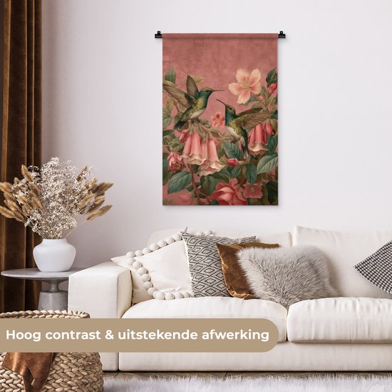 Wandkleed 60x90 cm - Wanddoek Kolibries - Bloemen - Groen - Roze - Wandtapijt - Wandkleden