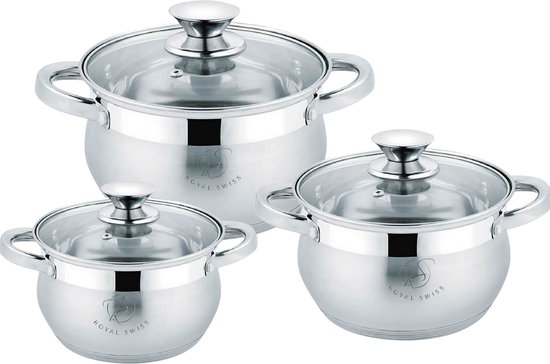 Royal Swiss® Pannenset – 6-delig – kookpotten inductie – RVS – Kookpannen met Glazen Deksel – Ø18,20,24 cm