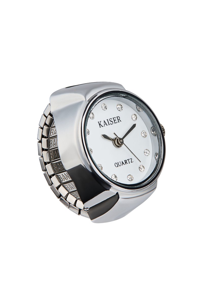 Kaiser Ringhorloge Vinger Horloge Ring - Zilver met Steentjes - One Size Fits All Rekband - Quartz - 22mm