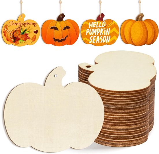 Houten pompoenornamenten om te schilderen Halloween Thanksgiving decoratie uitsparingen onafgewerkte 24 stuks 3,5 x 3 inch - DIY lege onafgewerkte pompoen houten schijven ornament voor thuis oogst knutselen hangende herfst De