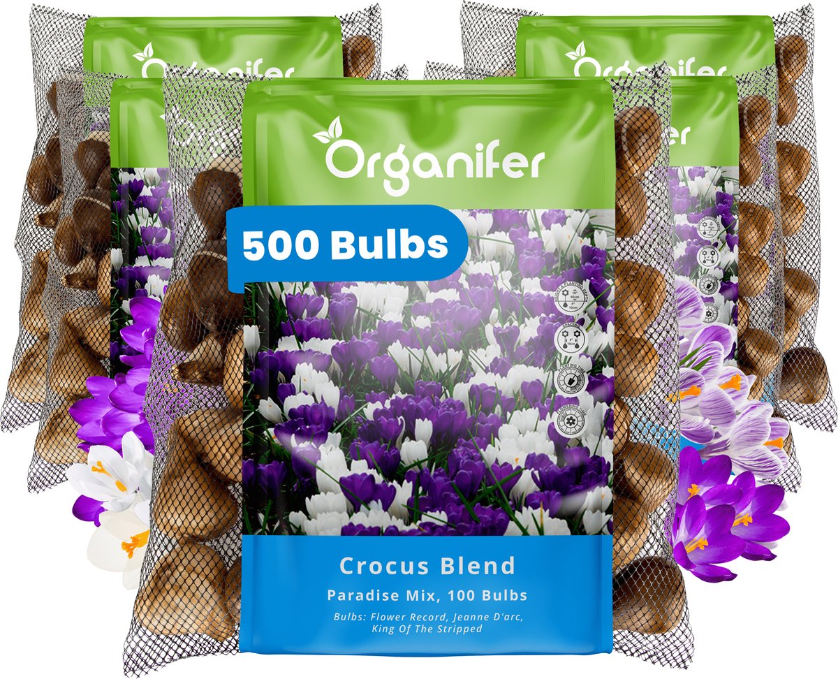 500 Krokus - Crocus - Bloembollen - Grootbloemige Paradise Mix - XXL Bollengrootte 8/9 cm - Zomerbollen - Voorjaarsbollen - Trekt vlinders en bijen aan - Vaste planten - Veelkleurig - Organifer