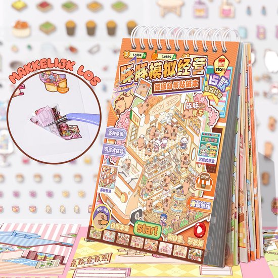 Close-up van een openklapbaar stickerboek, focus op de oranje omslag met capybara's in een bakkerij. Een pincet pakt een sticker. Het boek bevat gedetailleerde illustraties.