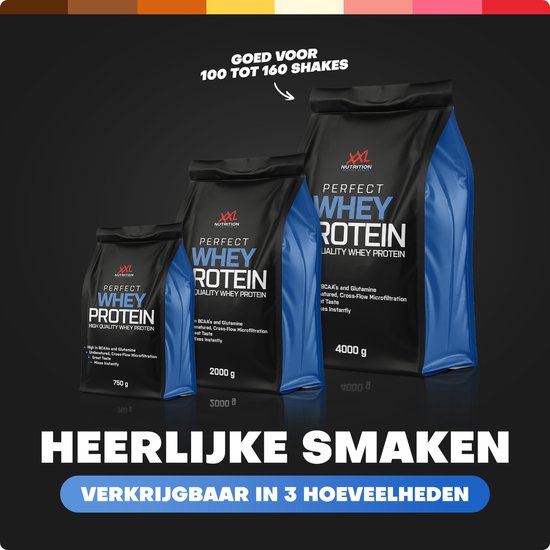 Drie zakken XXL Nutrition Perfect Whey Protein in verschillende maten op een zwarte achtergrond.