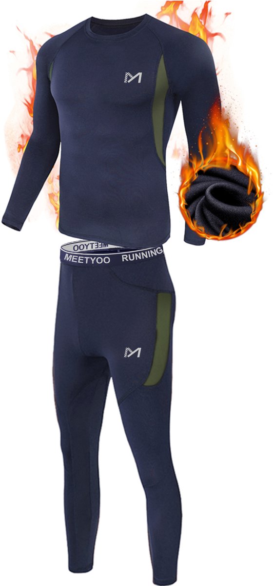 MEETHOO Thermo Ondergoed Set voor Heren - Thermokleding Set - Thermobroek + Thermoshirt - Wintersport kleding - onderkleding-Blauw-XL