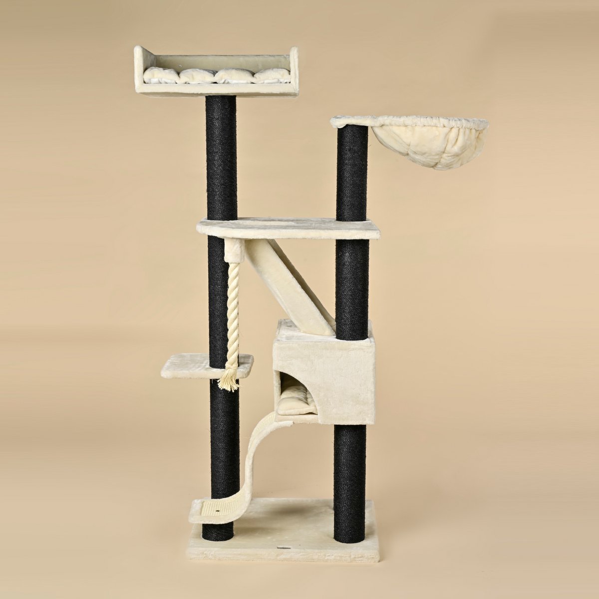 RHRQuality Krabpaal Voor Grote Katten - Kilimandjaro de Luxe – 195 cm Hoog – Met 12 cm Sisalpalen & Luxe Ligplaats – Blackline Crème