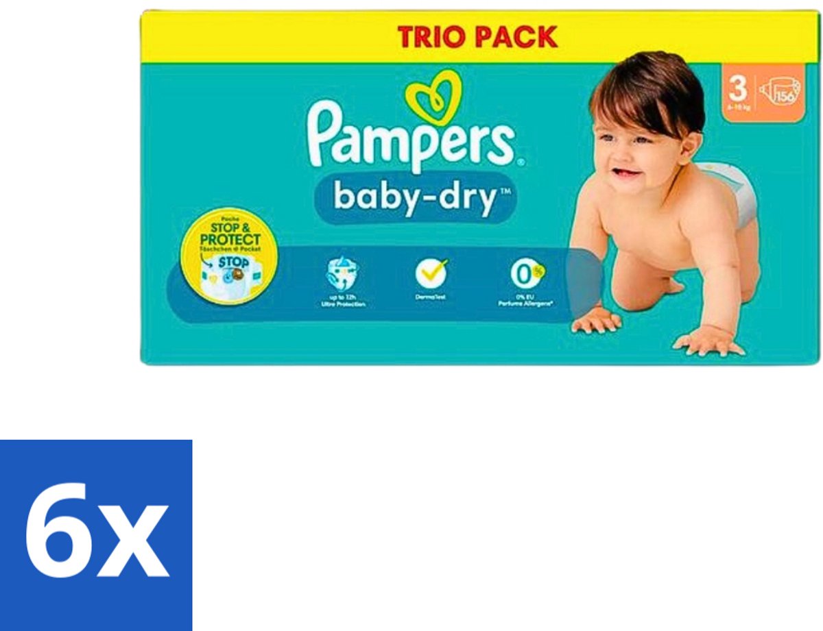 Image of 6 x Pampers - Baby-Dry - Luiers - Maat 3 (6-10 kg) - 156 Luiers - Babyluiers - Luiers Maat 3 - Pampers Baby-Dry - Droge Luiers - Nachtrust