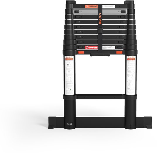 Gesloten zilverkleurige telescopische ladder met zwarte brede voet en handvatten, met waarschuwingslabels.