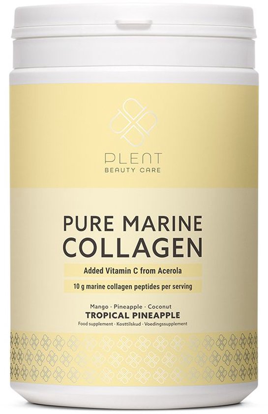 Witte pot met gele band: "PURE MARINE COLLAGEN", "Tropical Pineapple". Poederwolk eromheen.