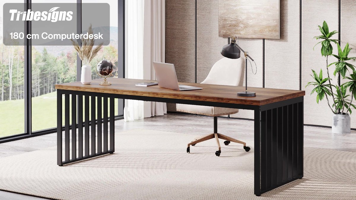 Tribesigns Bureau - Dubbel Lang Bureau - Computerbureau - Computertafel - Bureautafel voor Thuiskantoor - 180 x 60 x 76 cm - Rustiek Bruin