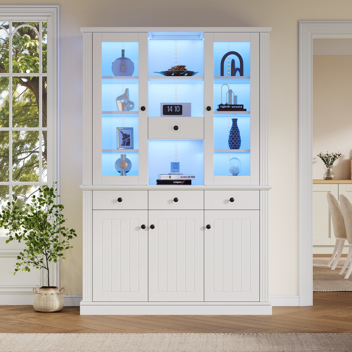 Sweiko Vitrinekast - 119.5 × 40 × 180 cm - 4 laden - LED-verlichting - Meerdere opbergvakken - MDF - Wit