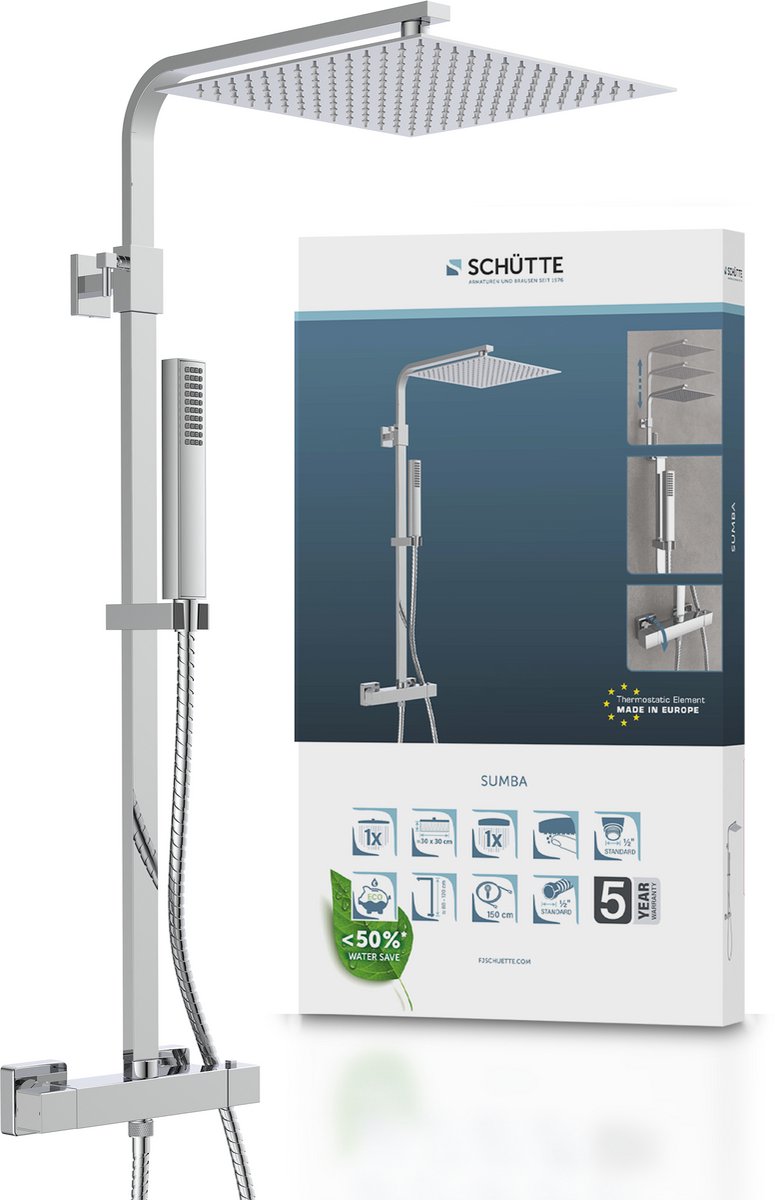 SCHÜTTE Sumba Douchesysteem - Regendouche - Met Thermostatische Douchekraan - Hartafstand 150 mm - Chroom