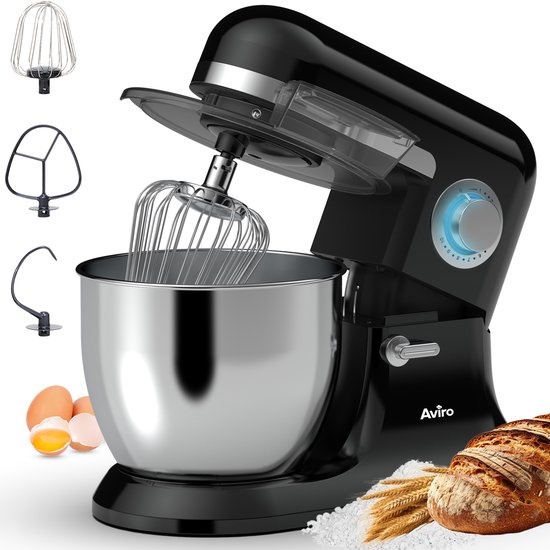 Keukenmachine - Keukenmixer - 6,5L RVS Mengkom - Keukenrobot - Foodprocessor - Met Accessoires - 1600W - Zwart - Aviro