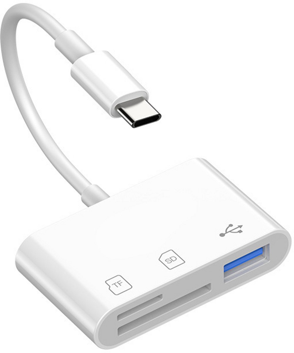 SD Kaartlezer - 2.0 USB (female) – SD - USB-C (male) - Geheugenkaartlezer voor SD & MicroSD – Card Reader – Inclusief USB Converter – Compatibel met Windows & Mac - wit