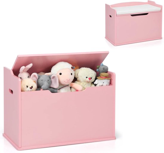 COSTWAY Speelgoedkist met deksel, 2-in-1 speelgoedkist met kussen, houten speelgoedkast met handgrepen, speelgoedopslag voor kinderkamer, speelkamer, 74 x 39 x 52 cm (roze)