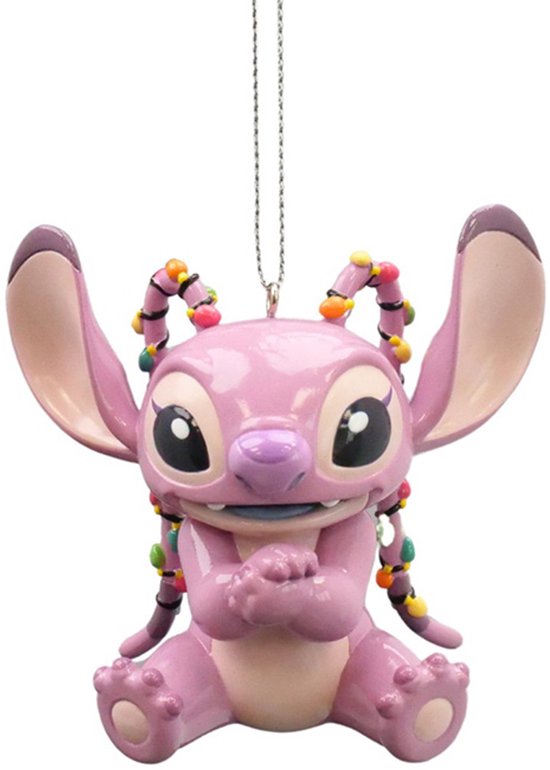 Roze Disney Angel ornament met kerstlichtjes in haar vlechten.