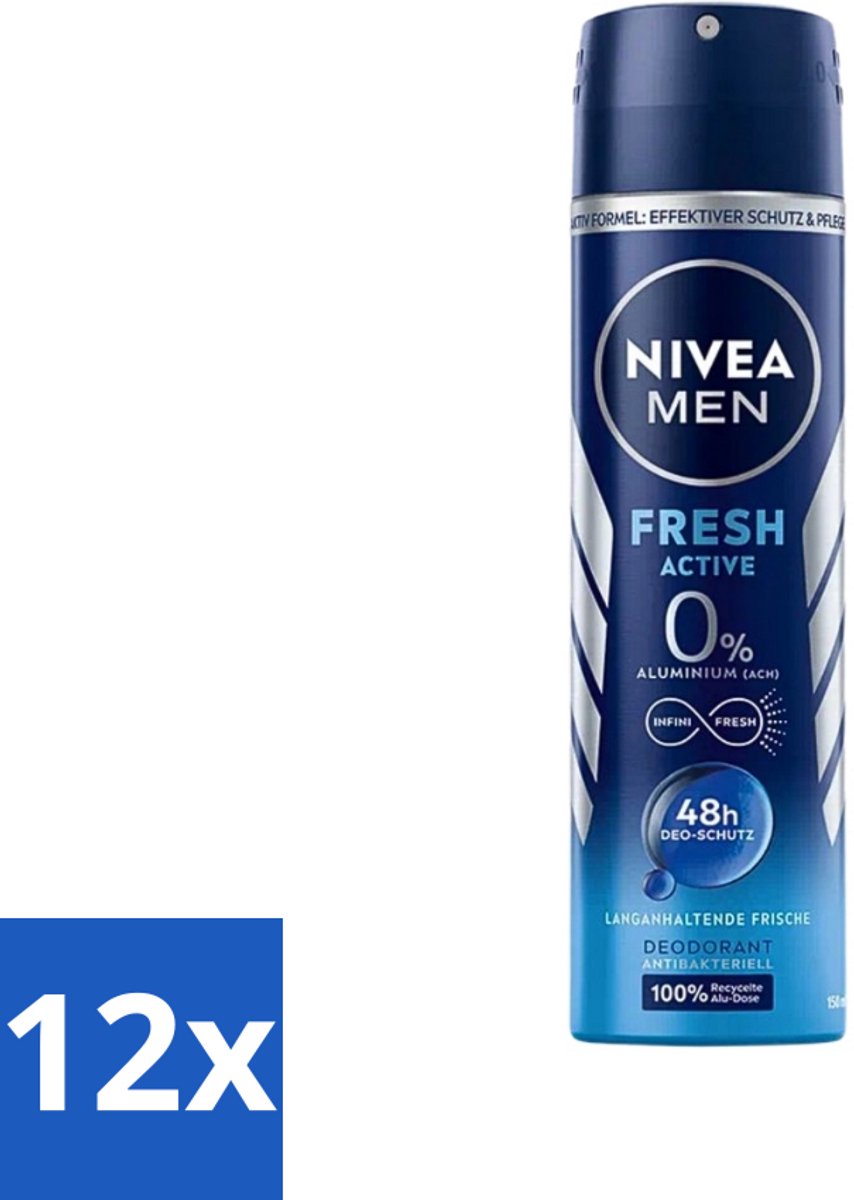 12 x Nivea - Men - Deo Spray - Fresh Active - 48 Uur Lang Werkend - 150 ml - Deodorant Spray - Anti-transpirant - 48 Uur Bescherming - Frisheid - Mannelijke Geur