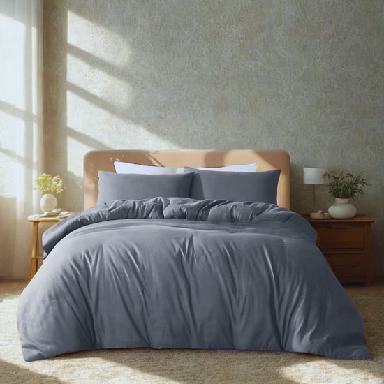 Housse de couette Komfortec Premium 200x200 cm + 2 Kussensloop 40x80 cm - Microfibre 100% polyester brossé 90 g/m² - Parure de lit 3 pièces ultra douce - Anthracite