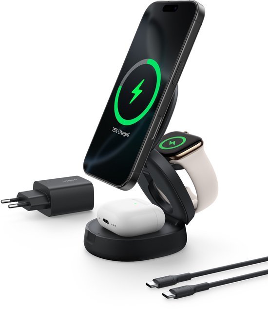 Belkin BoostCharge Pro 3-in-1 Verstelbare Magnetische Laadstandaard QI2 15W – Zwart - Magsafe compatibel