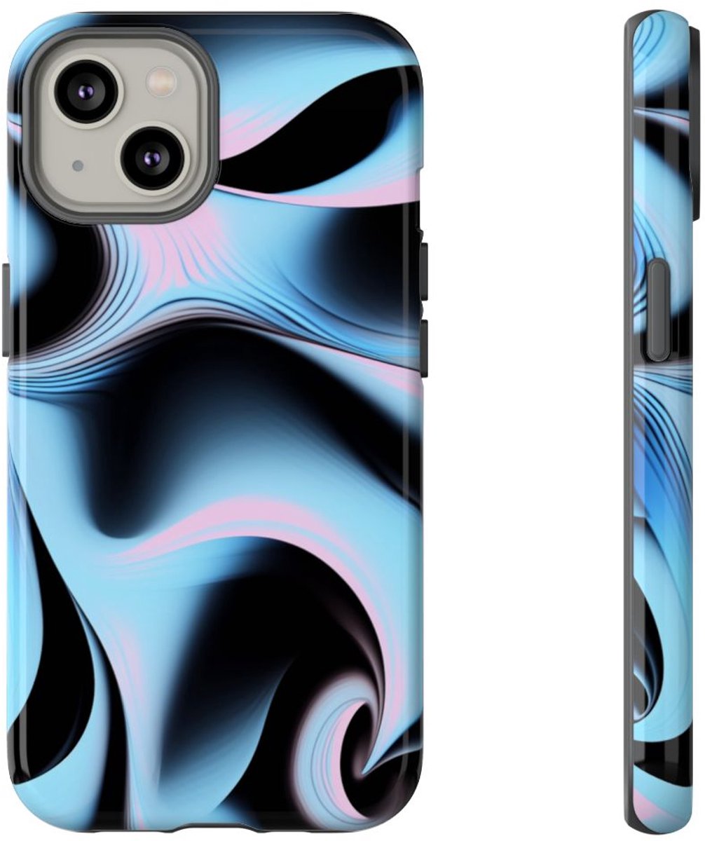 Blauw-Roze Abstracte Swirl – Glanzend Stevig Hoesje Geschikt voor iPhone 14