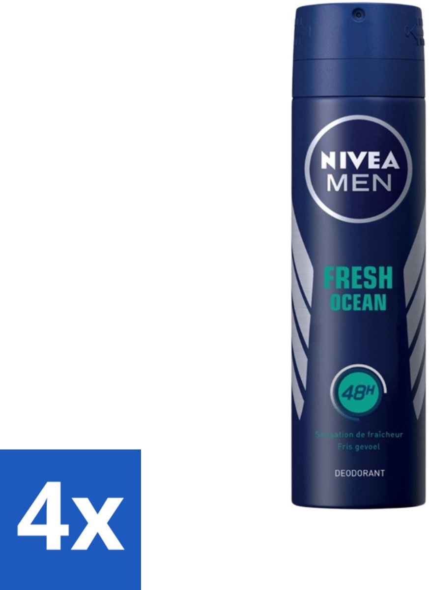 4 x Nivea - Men - Deodorant - Spray - Fresh Ocean - 48 Uur Lang Werkend - 150 ml - NIVEA MEN Deodorant Spray - Anti-transpirant - 48 Uur Bescherming - Oceaangeur - Zweetbestendig