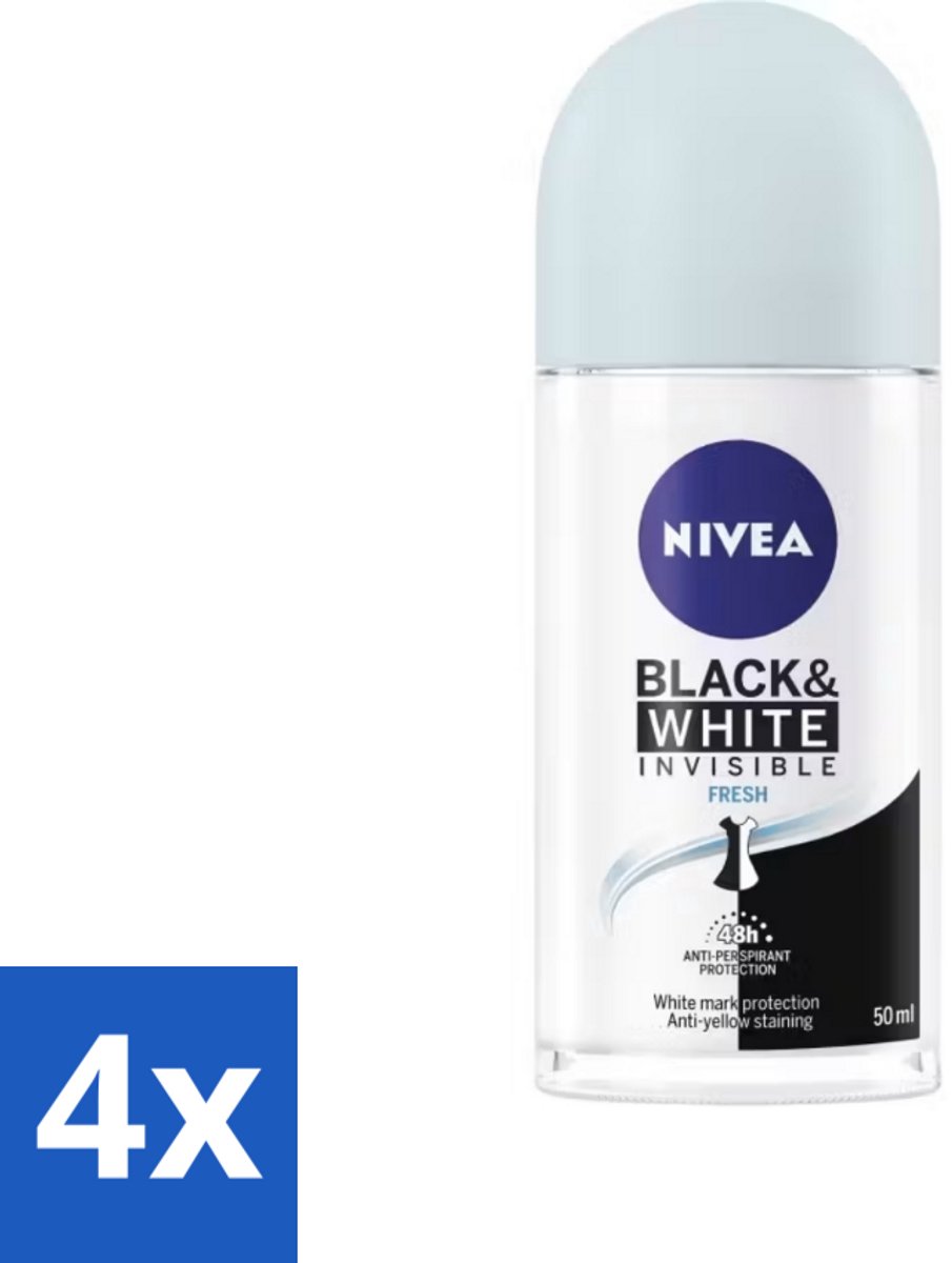 4 x Nivea - Deodorant - Roller - Black & White Invisible Fresh - 50 ml - 48 Uur Bescherming - Anti-transpirant - Deodorant Roller - Kledingvlekken - Frisheid