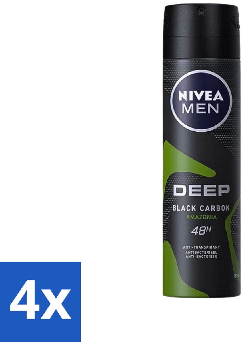 4 x Nivea - Men - Deodorant - Spray - Deep Black Carbon Amazonia - 150 ml - NIVEA MEN - Deodorant Spray - Anti-transpirant - 48 Uur Bescherming - Black Carbon