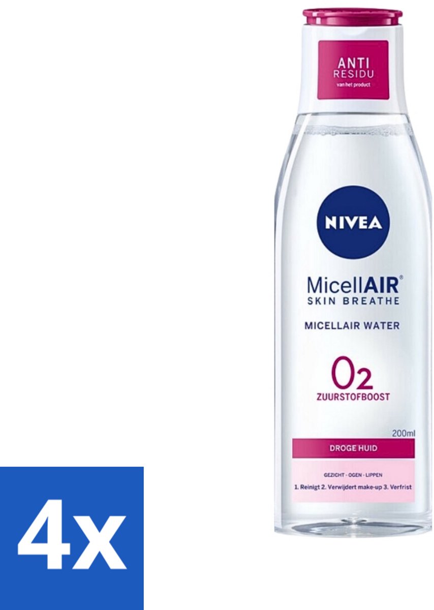 4 x Nivea - O2 Zuurstofboost Micellair Water - Droge Huid - 200 ml - Micellair Water - Droge Huid - Zuurstofboost - Reiniging - Hydratatie