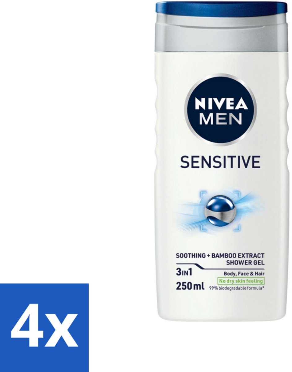 4 x Nivea - Men - Sensitive Douchegel - Hydraterend - 250 ml - Gevoelige Huid - Douchegel - Hydraterende Douchegel - Huidvriendelijke Douchegel - PH-huidneutrale Douchegel