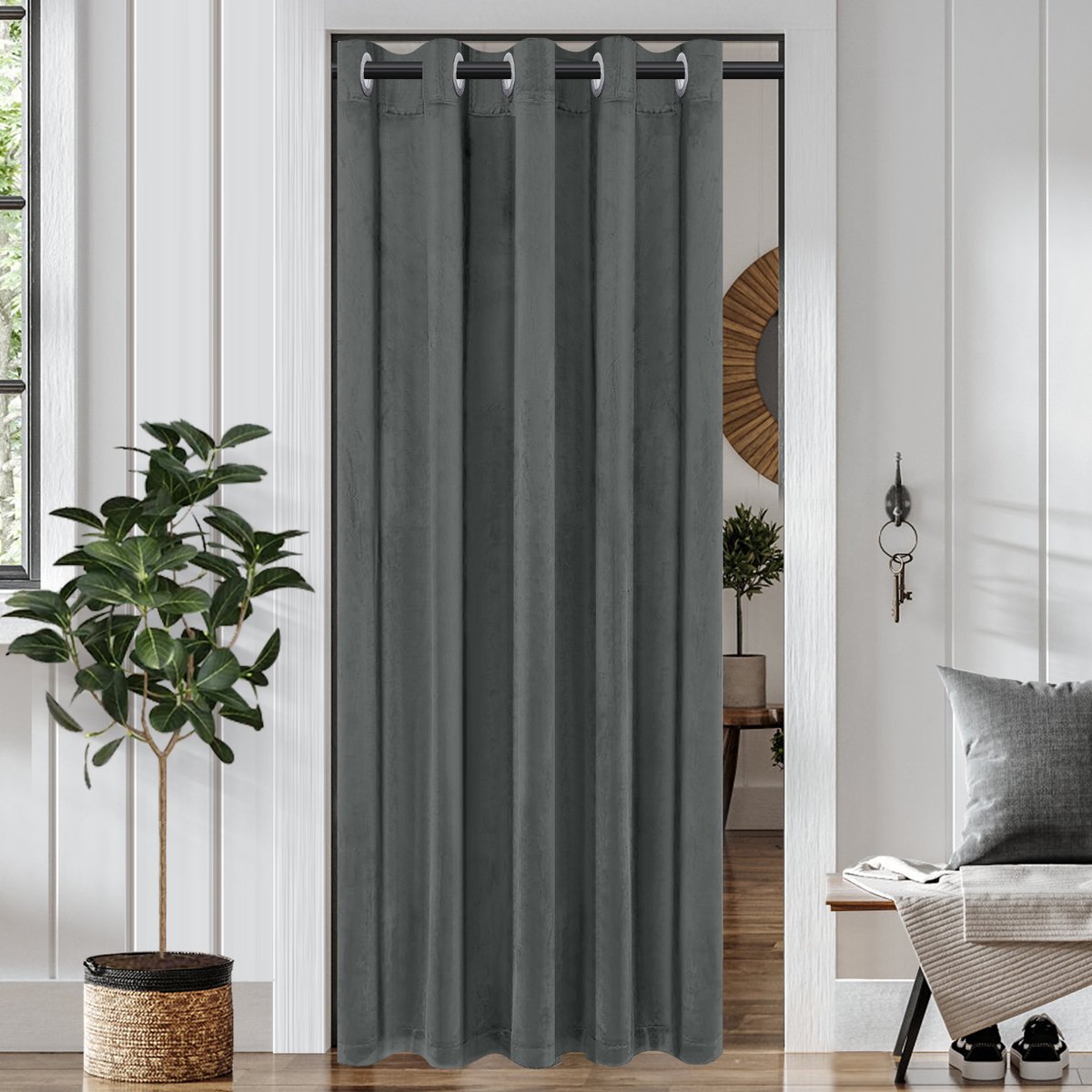 Qelus Fluwelen Isolerende Deurgordijn met Ringen Donkergrijs - Verduisterend & Privacy - Kant en Klaar 107x203 cm - Thermische Gordijnen Voor Deur, Trap of Kast