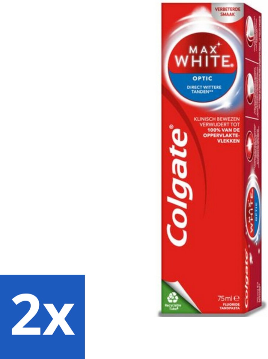 2 x Colgate Tandpasta Max White Optic 75 ml - Tandpasta - Witte Tanden - Optische Whitening - Direct Wittere Tanden - Tanden Poetsen