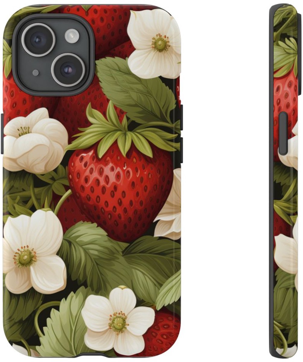 Aardbeienpatroon met Witte Bloemen – Telefoonhoesje Geschikt voor iPhone 15