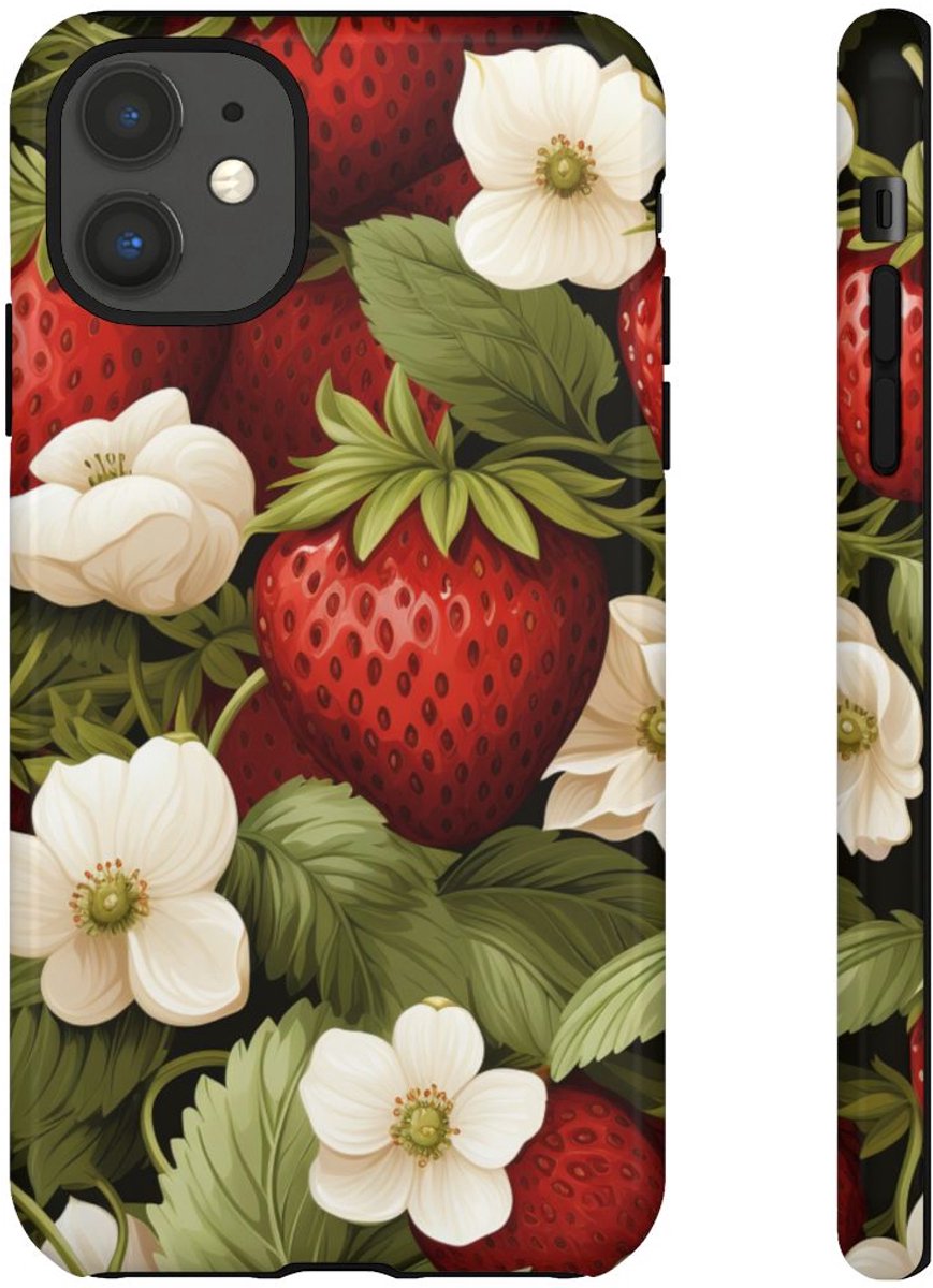 Aardbeienpatroon met Witte Bloemen – Telefoonhoesje Geschikt voor iPhone 11