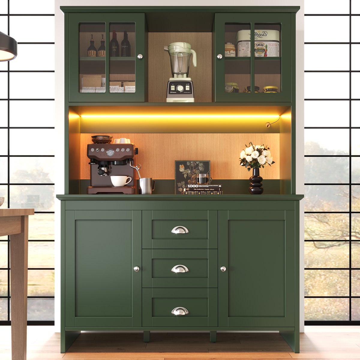 Keukenkasten (120 x 40 x 179 cm), hoge keukenkasten, sideboards, keukenkasten met bruine glazen deuren en LED-verlichting, groen
