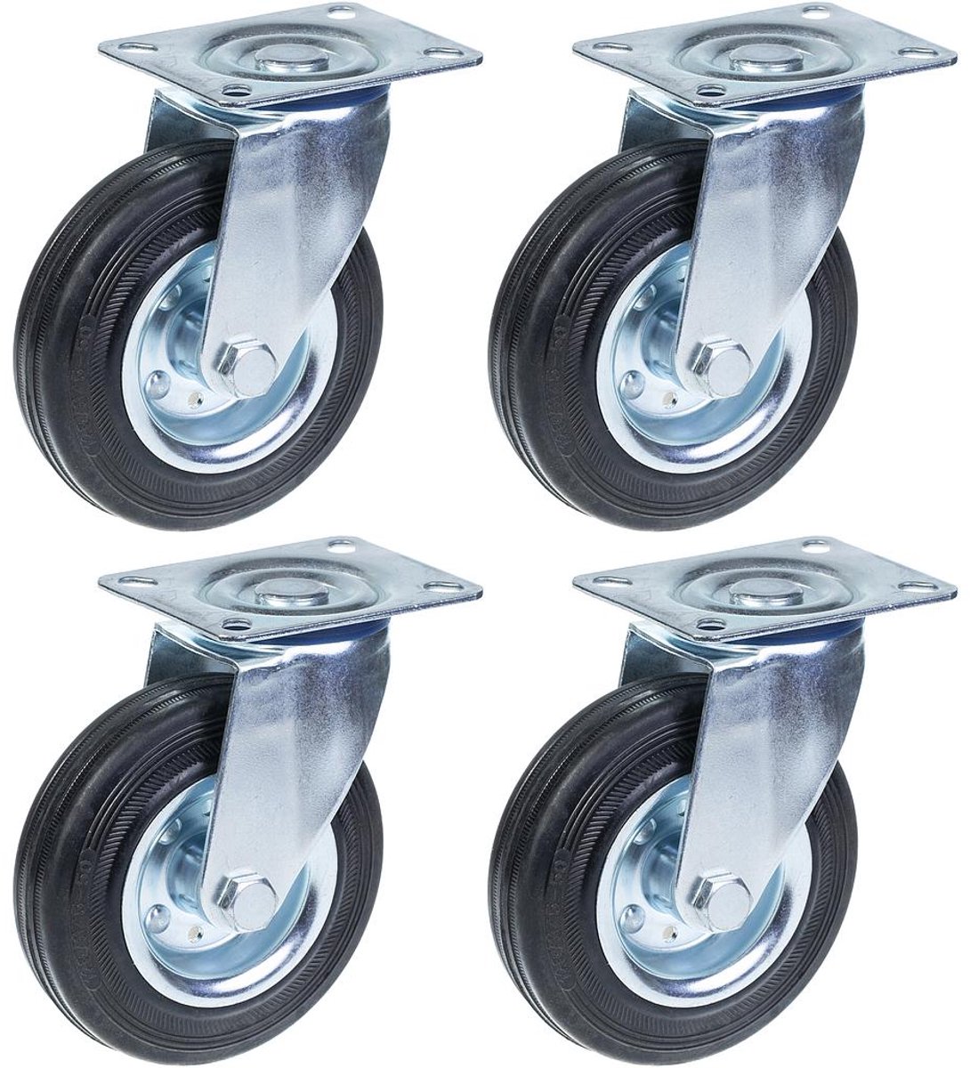 125 mm (5 inch) rubberen zwenkwiel, draaibaar, draagvermogen 480 kg, set van 4