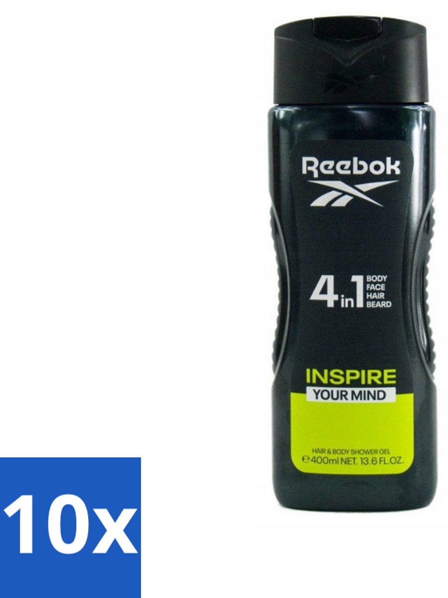 10 x Reebok - Inspire Your Mind - Douchegel - 4 in 1 - 400 ml - Douchegel - 4 In 1 - Douchegel Voor Mannen - Verzorgende Douchegel - Douchegel Voor Gezicht