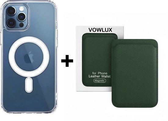 Étui MagSafe transparent avec portefeuille magnétique vert en similicuir.