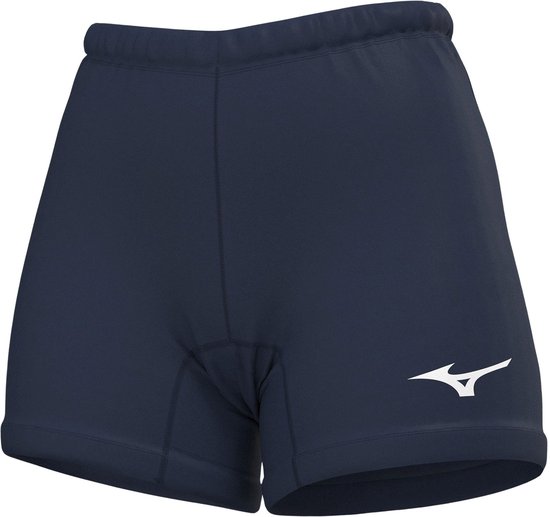 Donkerblauwe Mizuno sportbroek voor dames, met wit Mizuno logo op de rechterpijp.