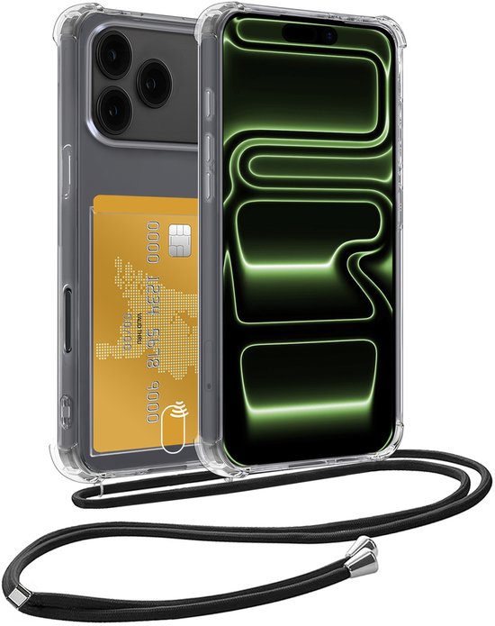 Coque de téléphone transparente avec carte jaune, cordon noir et éléments de protection.