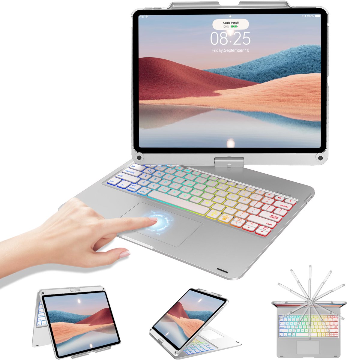 Namajunas - Tablet toetsenbord - Toetsenbordhoes geschikt voor iPad Air 13 inch (M3/M2) & iPad Pro 12,9 inch (6e/5e/4e generatie) - 360° Draaibaar - 7-kleuren achtergrondverlichting - Multi-Touch Trackpad - Pen Houder - Case - zilver