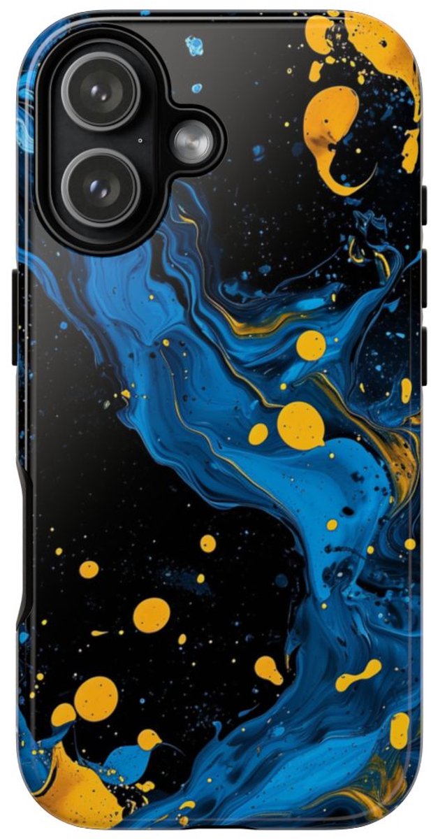 Blauwe en Gele Verfspatten Abstract – Telefoonhoesje Geschikt voor iPhone 17
