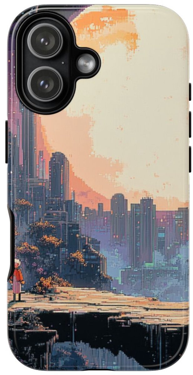 Pixel Art Stadsgezicht met Grote Maan – Telefoonhoesje Geschikt voor iPhone 17