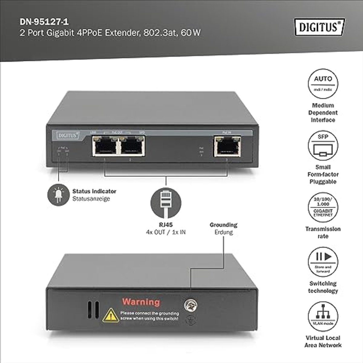 Gigabit PoE Extender 2-poorts voor Ethernet tot 100 meter