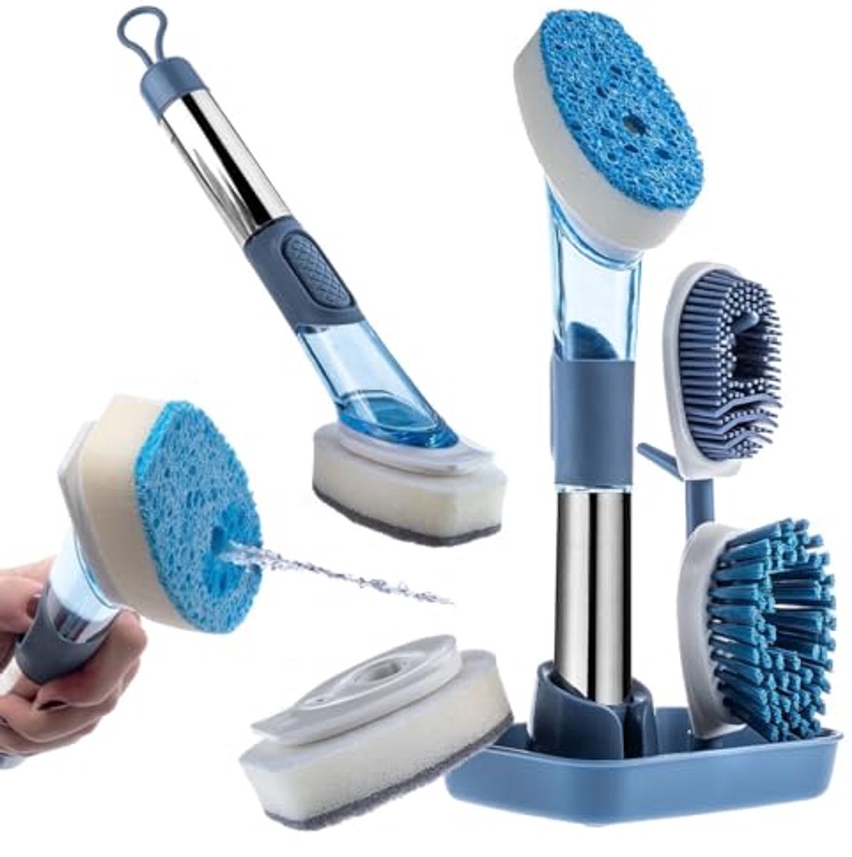 Multifunctionele serviesborstel met 4 verwisselbare borstelkoppen en zeepdispenser
