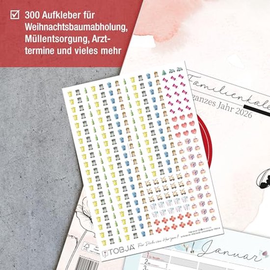 Een vel met 300 stickers voor de familiekalender, inclusief afbeeldingen van vuilnisbakken, tanden, cadeaus en meer.