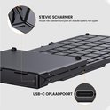 Zwart opvouwbaar toetsenbord met stevig scharnier en USB-C oplaadpoort.